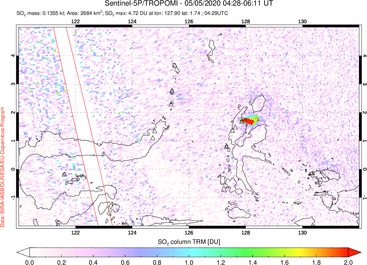 A sulfur dioxide image over Northern Sulawesi & Halmahera, Indonesia on May 05, 2020.