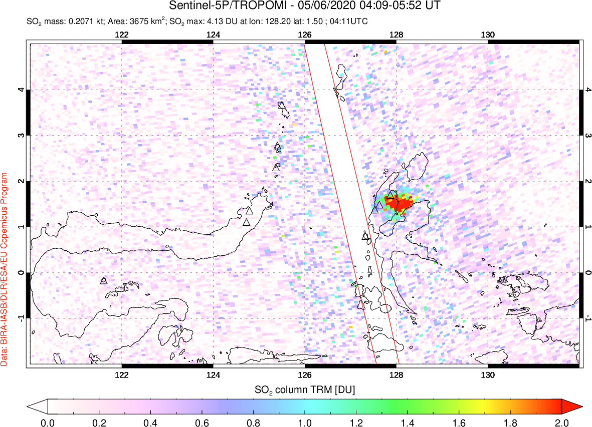 A sulfur dioxide image over Northern Sulawesi & Halmahera, Indonesia on May 06, 2020.