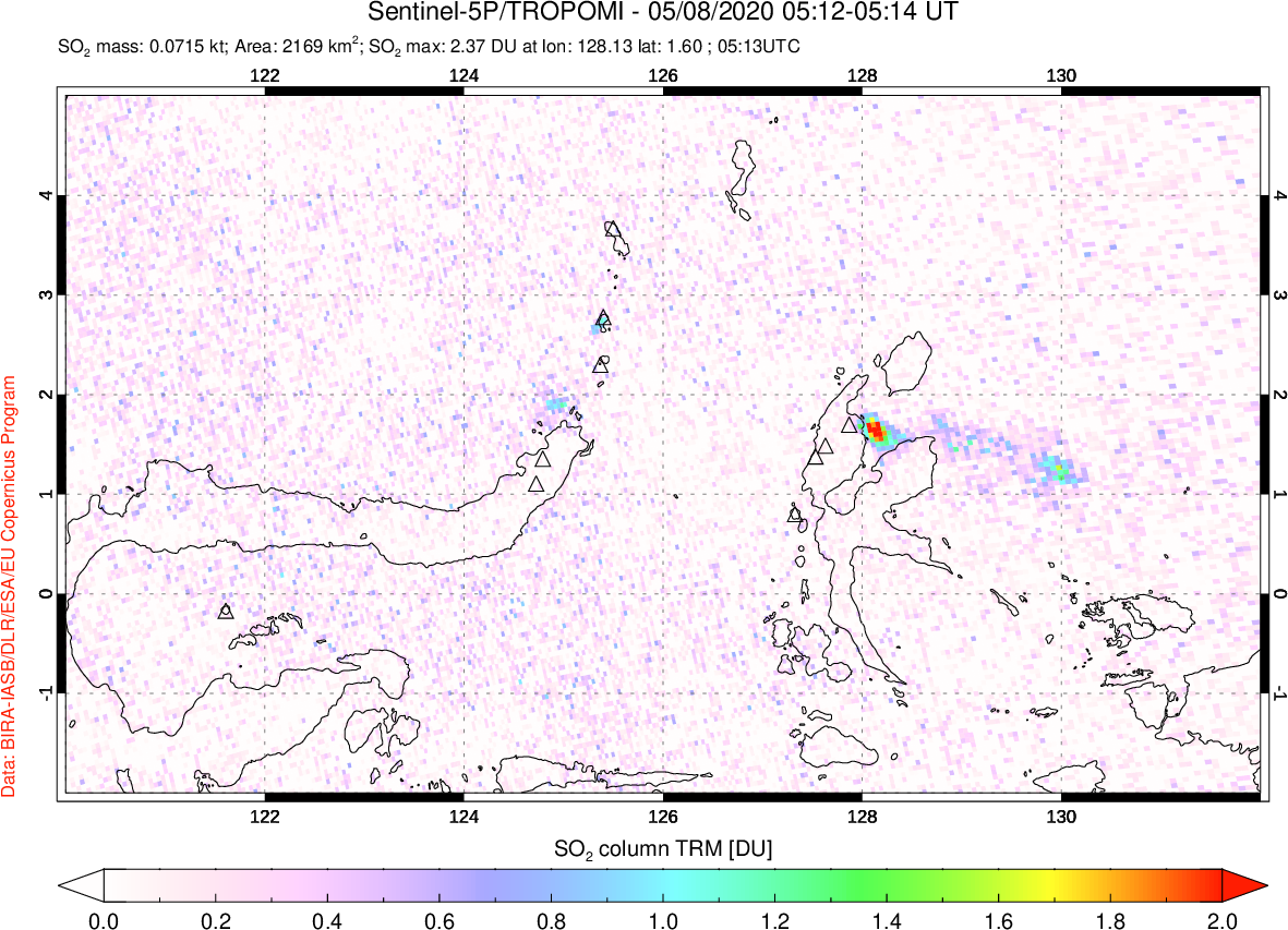 A sulfur dioxide image over Northern Sulawesi & Halmahera, Indonesia on May 08, 2020.
