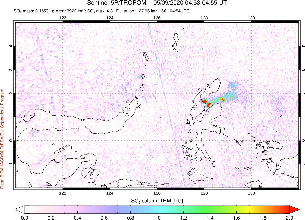 A sulfur dioxide image over Northern Sulawesi & Halmahera, Indonesia on May 09, 2020.