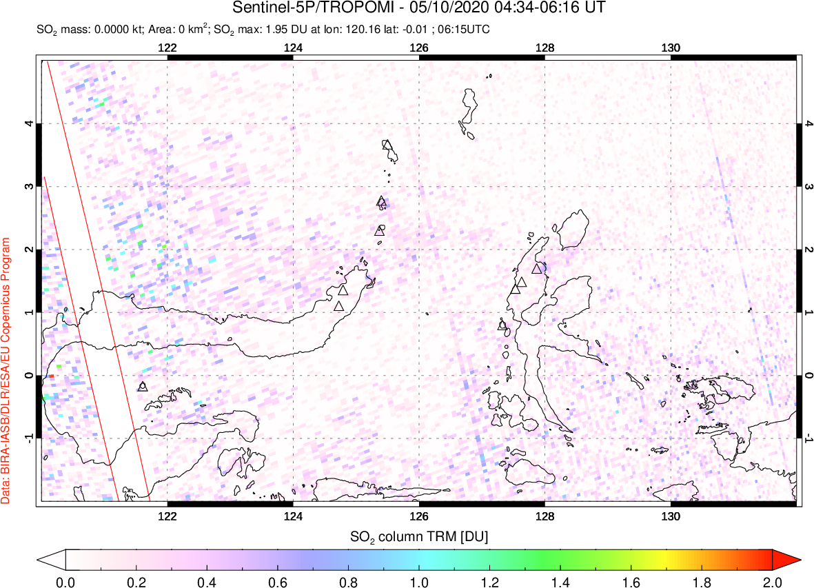 A sulfur dioxide image over Northern Sulawesi & Halmahera, Indonesia on May 10, 2020.