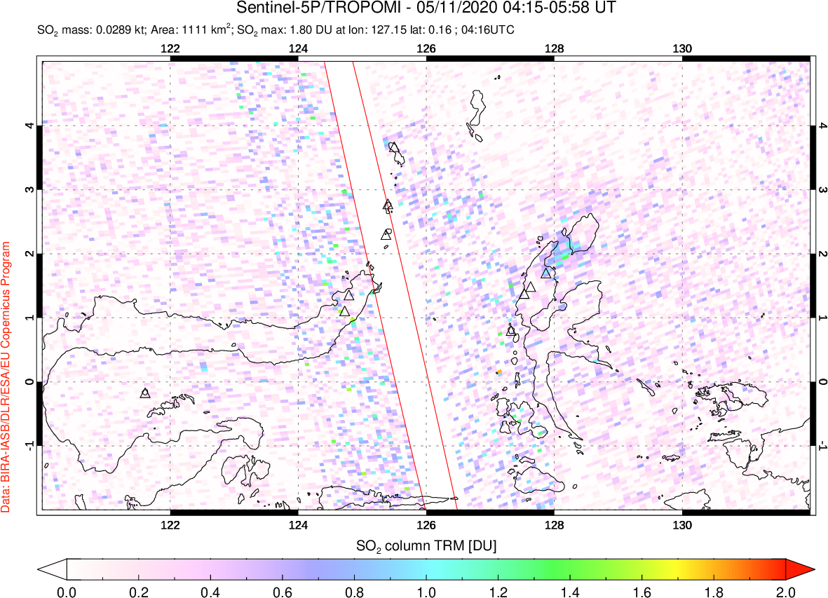 A sulfur dioxide image over Northern Sulawesi & Halmahera, Indonesia on May 11, 2020.