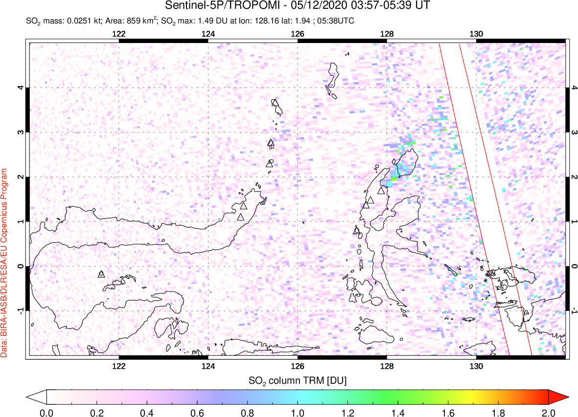 A sulfur dioxide image over Northern Sulawesi & Halmahera, Indonesia on May 12, 2020.
