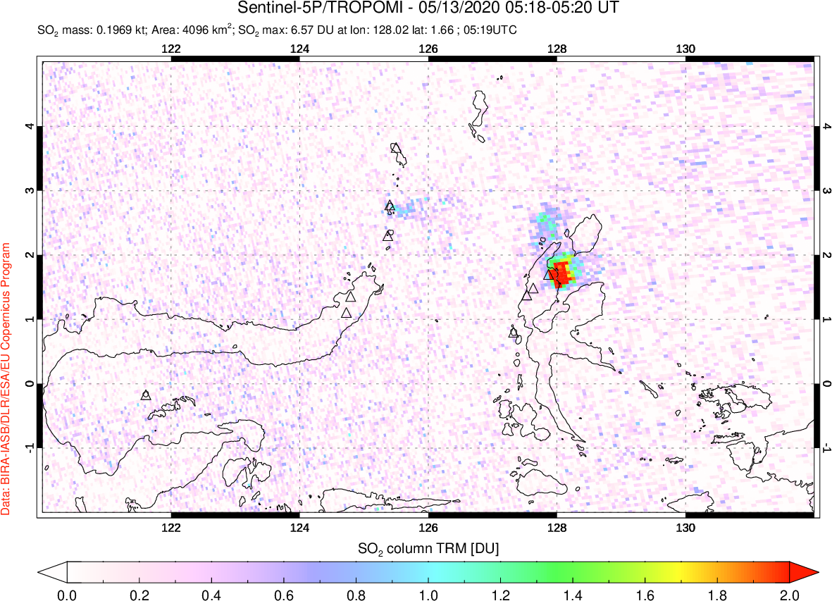 A sulfur dioxide image over Northern Sulawesi & Halmahera, Indonesia on May 13, 2020.