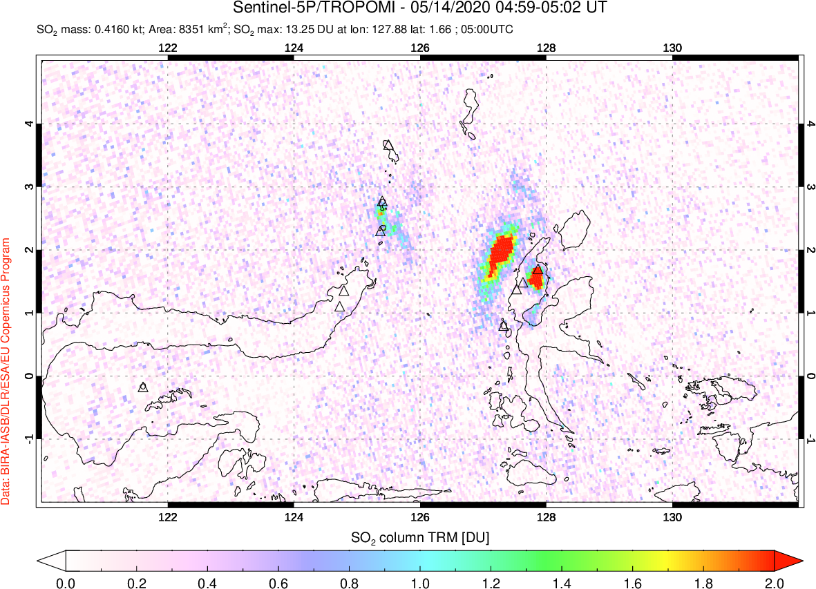 A sulfur dioxide image over Northern Sulawesi & Halmahera, Indonesia on May 14, 2020.