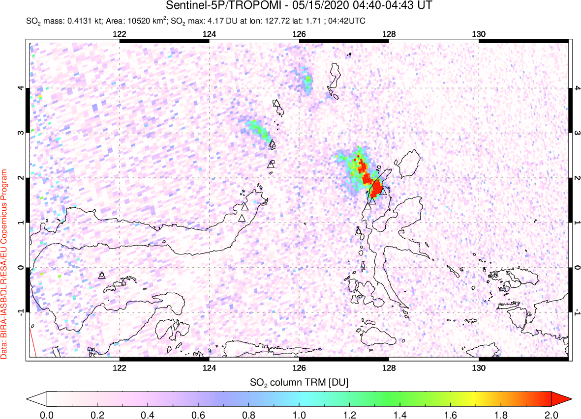 A sulfur dioxide image over Northern Sulawesi & Halmahera, Indonesia on May 15, 2020.