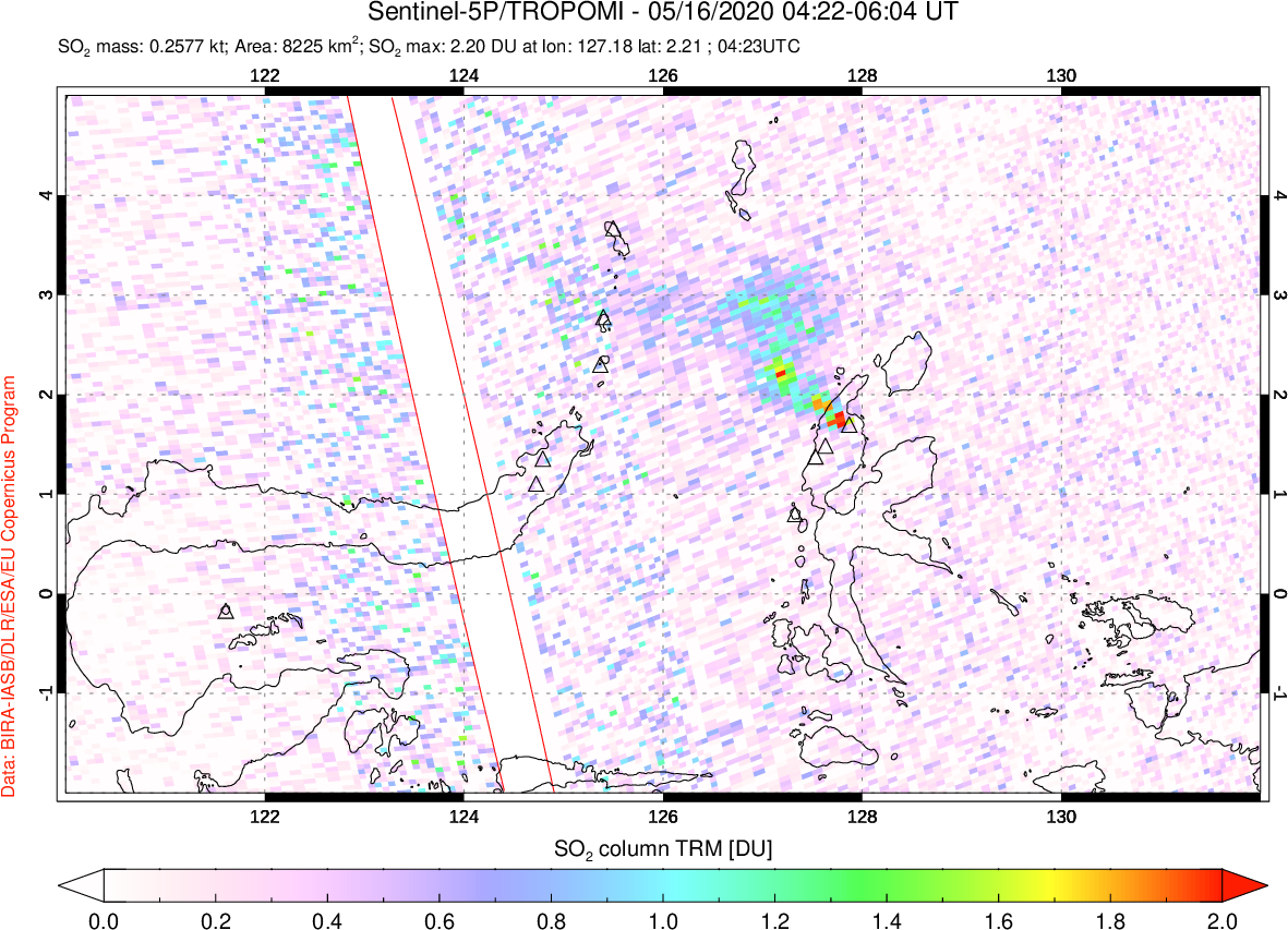 A sulfur dioxide image over Northern Sulawesi & Halmahera, Indonesia on May 16, 2020.