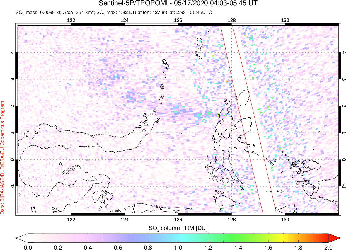 A sulfur dioxide image over Northern Sulawesi & Halmahera, Indonesia on May 17, 2020.