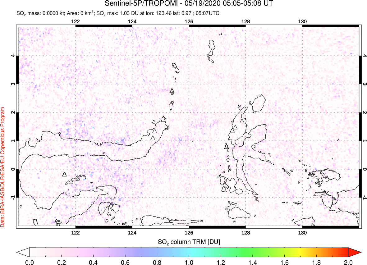 A sulfur dioxide image over Northern Sulawesi & Halmahera, Indonesia on May 19, 2020.