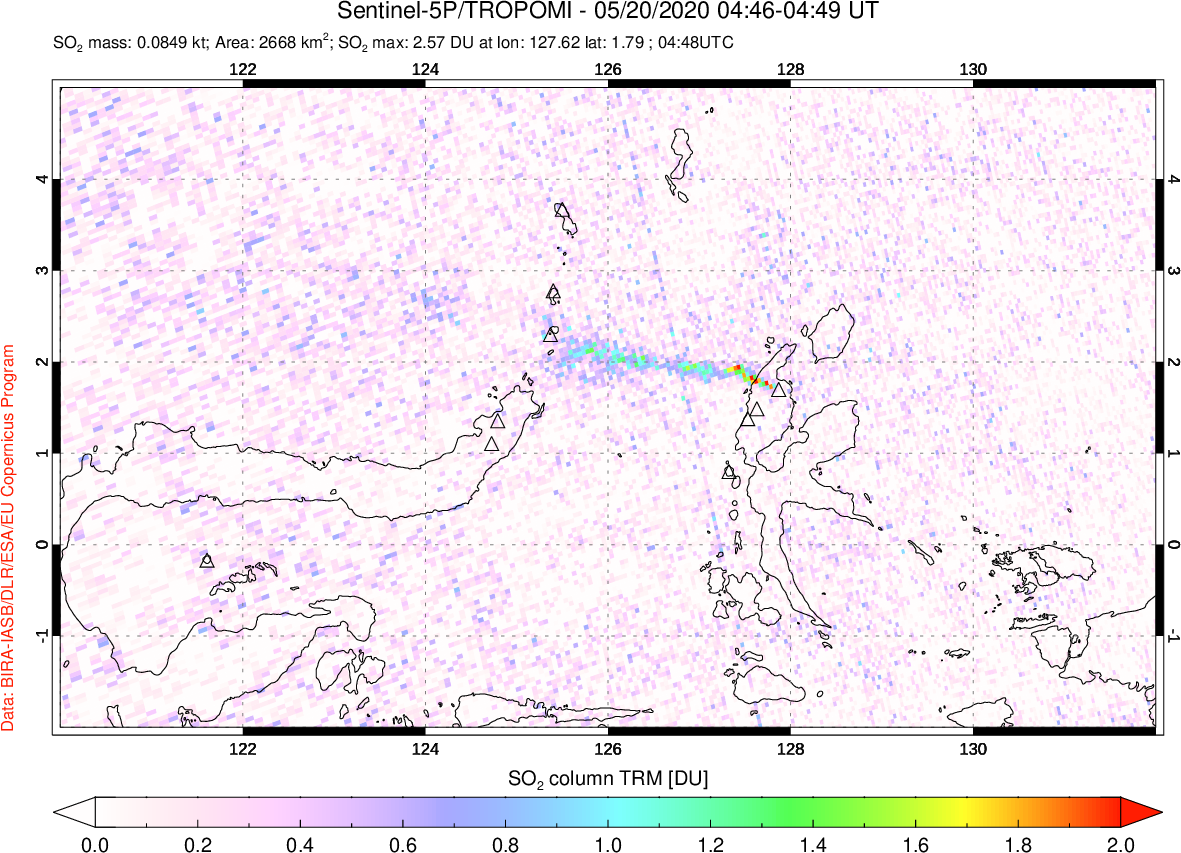 A sulfur dioxide image over Northern Sulawesi & Halmahera, Indonesia on May 20, 2020.