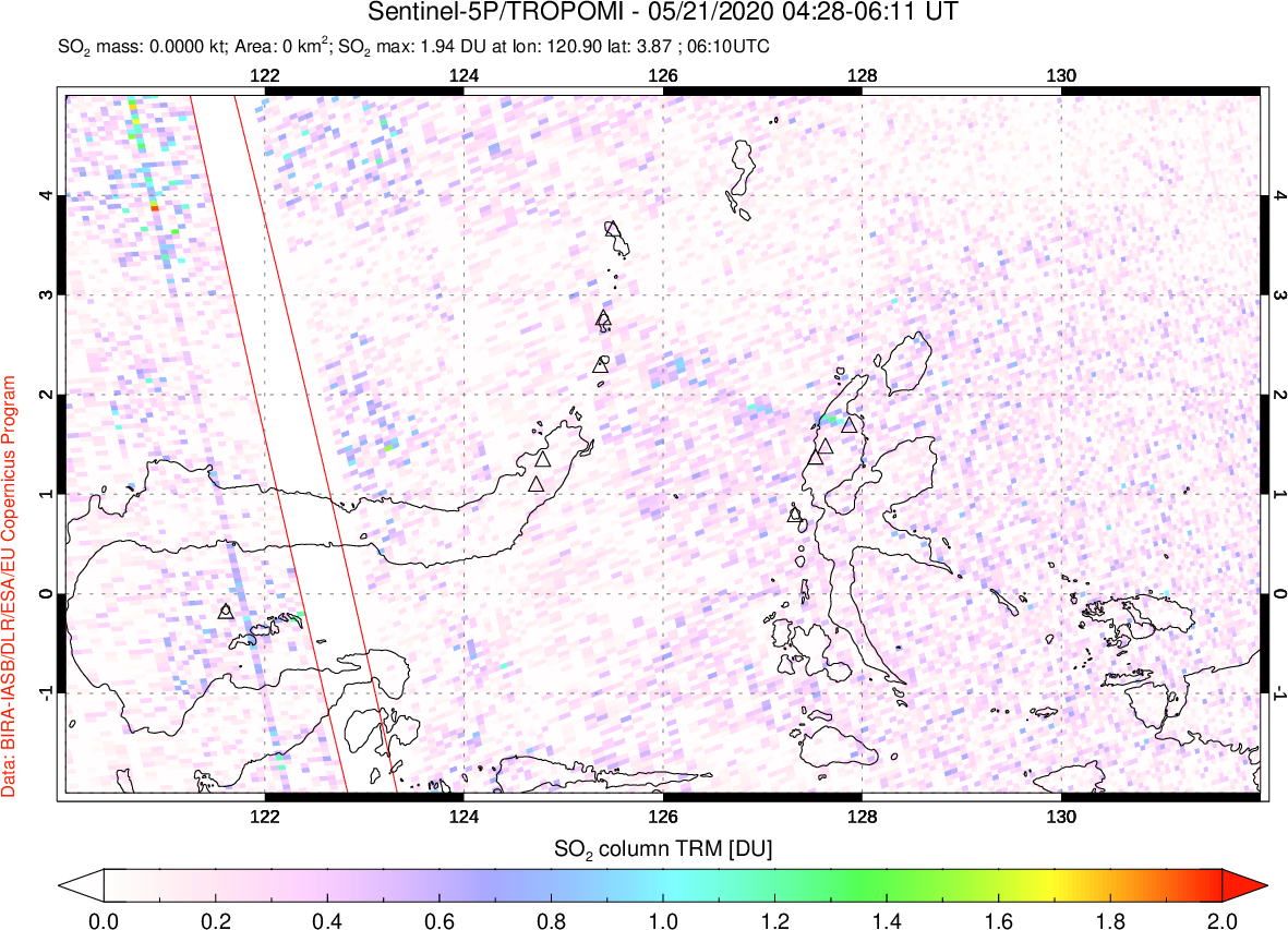A sulfur dioxide image over Northern Sulawesi & Halmahera, Indonesia on May 21, 2020.