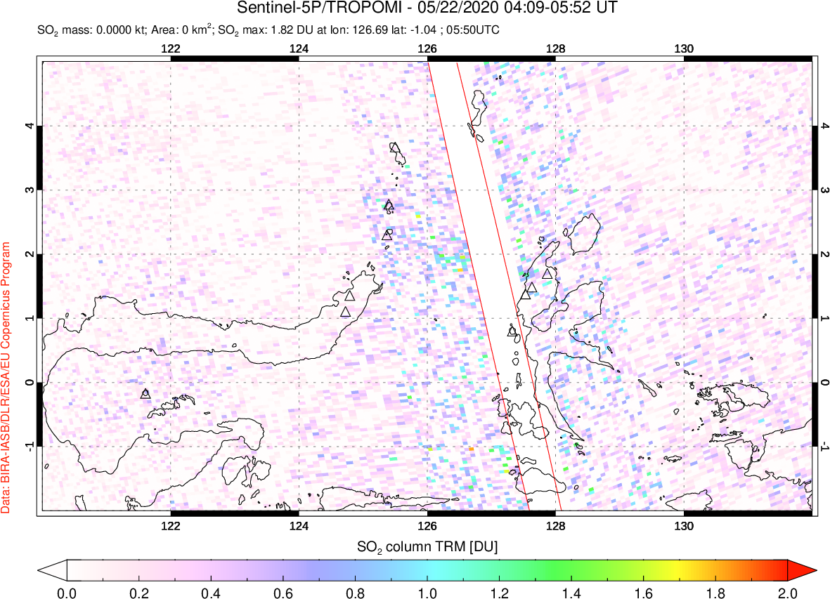 A sulfur dioxide image over Northern Sulawesi & Halmahera, Indonesia on May 22, 2020.
