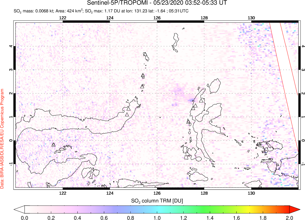 A sulfur dioxide image over Northern Sulawesi & Halmahera, Indonesia on May 23, 2020.