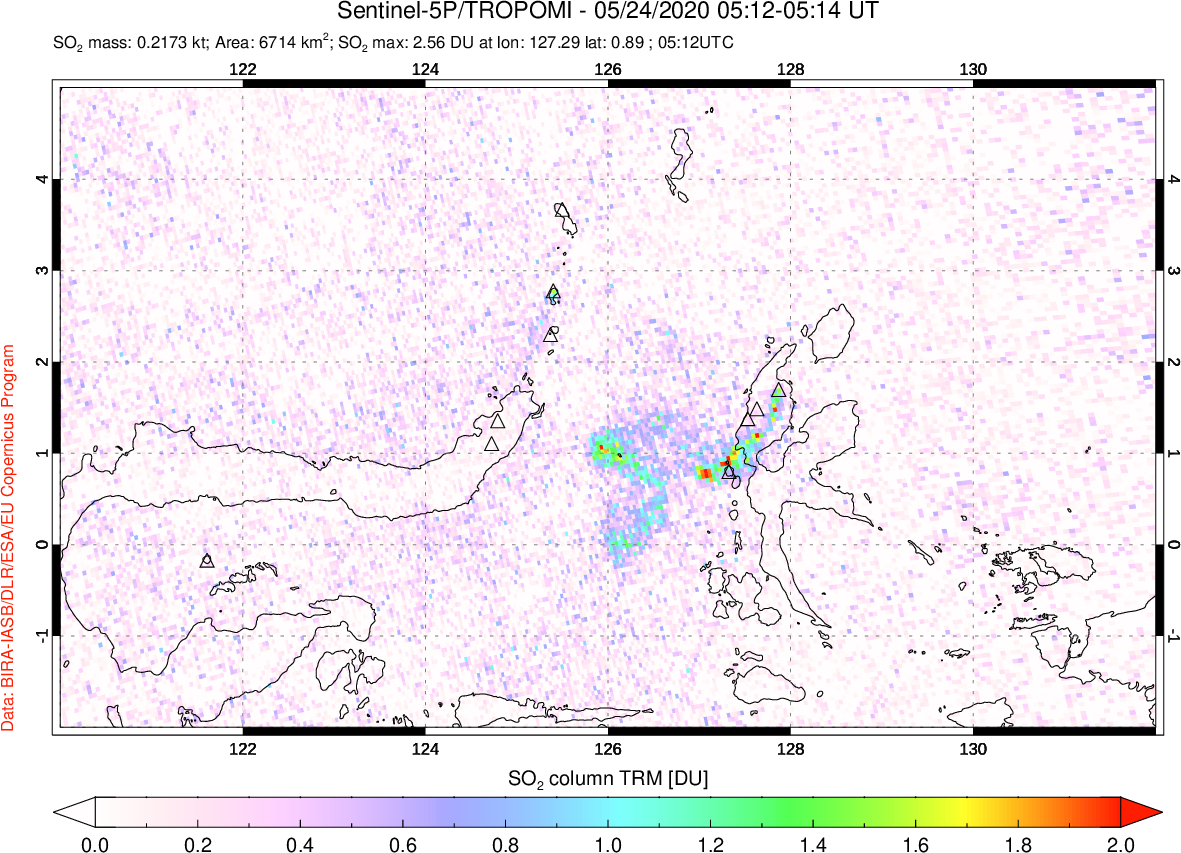 A sulfur dioxide image over Northern Sulawesi & Halmahera, Indonesia on May 24, 2020.