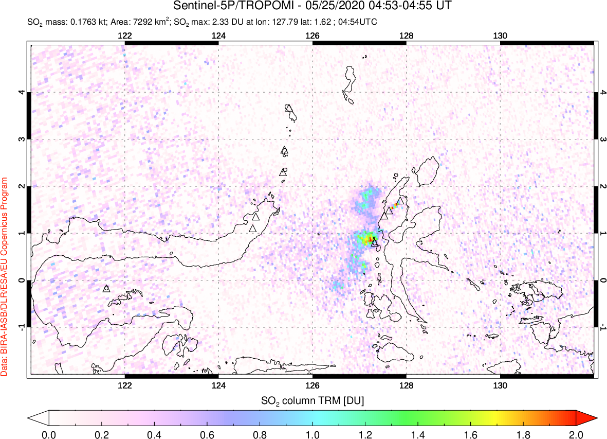 A sulfur dioxide image over Northern Sulawesi & Halmahera, Indonesia on May 25, 2020.