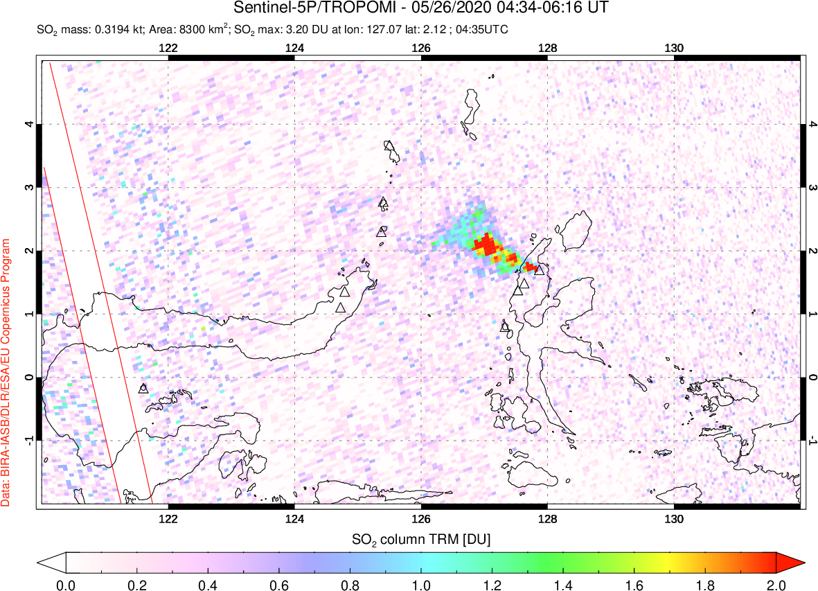 A sulfur dioxide image over Northern Sulawesi & Halmahera, Indonesia on May 26, 2020.