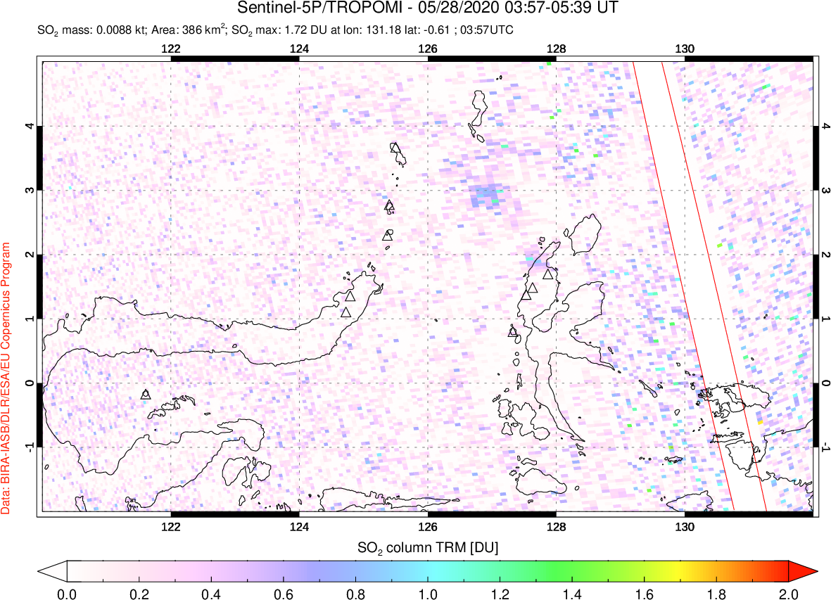 A sulfur dioxide image over Northern Sulawesi & Halmahera, Indonesia on May 28, 2020.