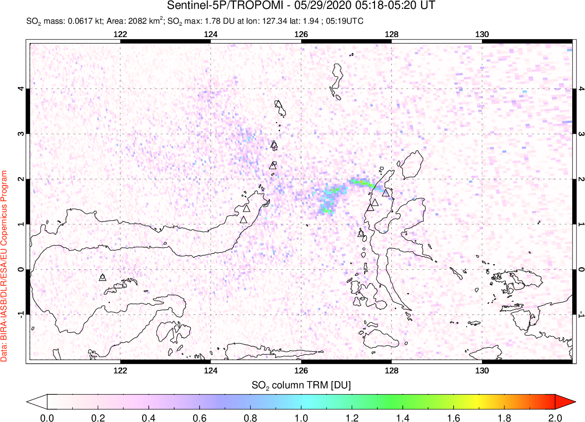 A sulfur dioxide image over Northern Sulawesi & Halmahera, Indonesia on May 29, 2020.