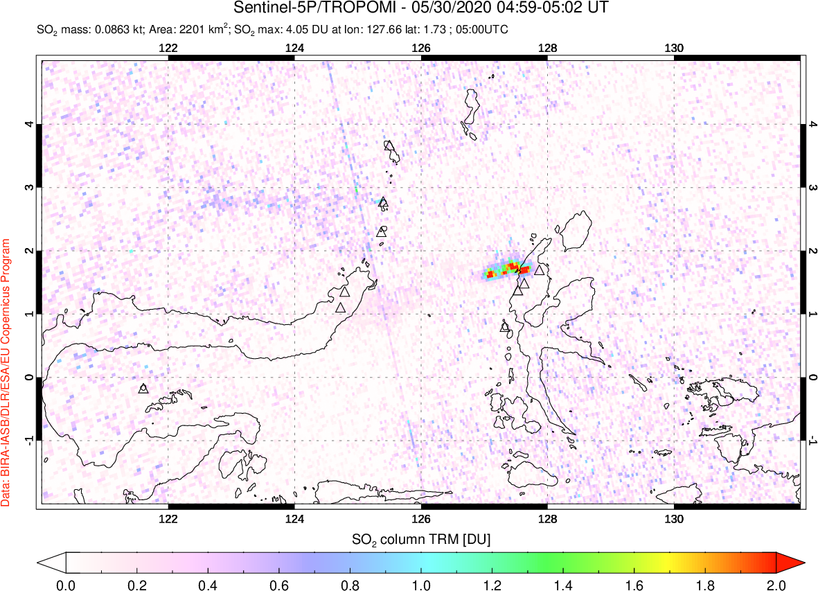 A sulfur dioxide image over Northern Sulawesi & Halmahera, Indonesia on May 30, 2020.