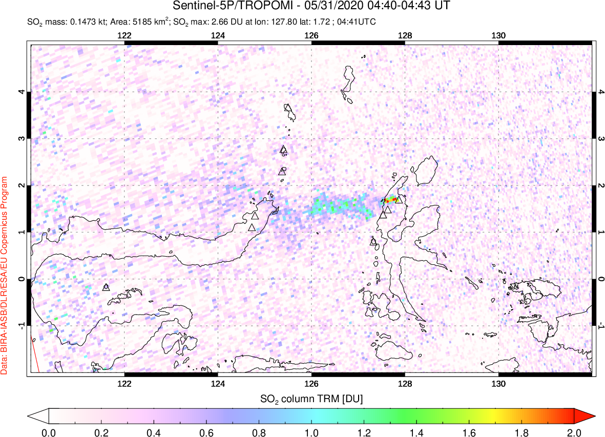 A sulfur dioxide image over Northern Sulawesi & Halmahera, Indonesia on May 31, 2020.