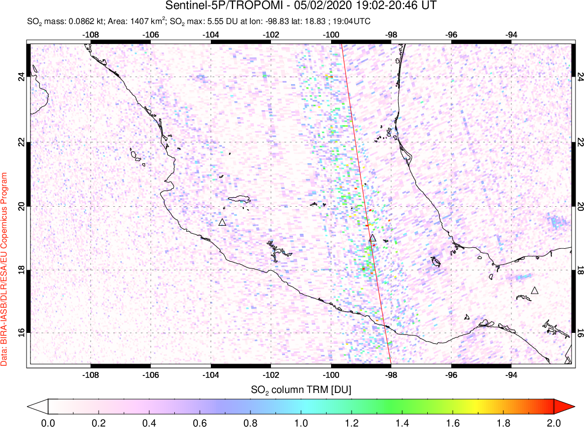 A sulfur dioxide image over Mexico on May 02, 2020.