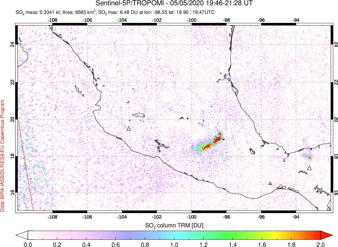 A sulfur dioxide image over Mexico on May 05, 2020.