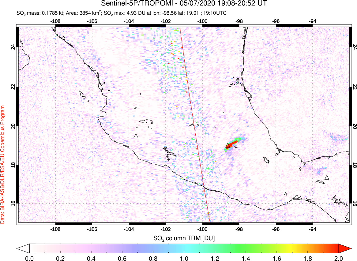 A sulfur dioxide image over Mexico on May 07, 2020.