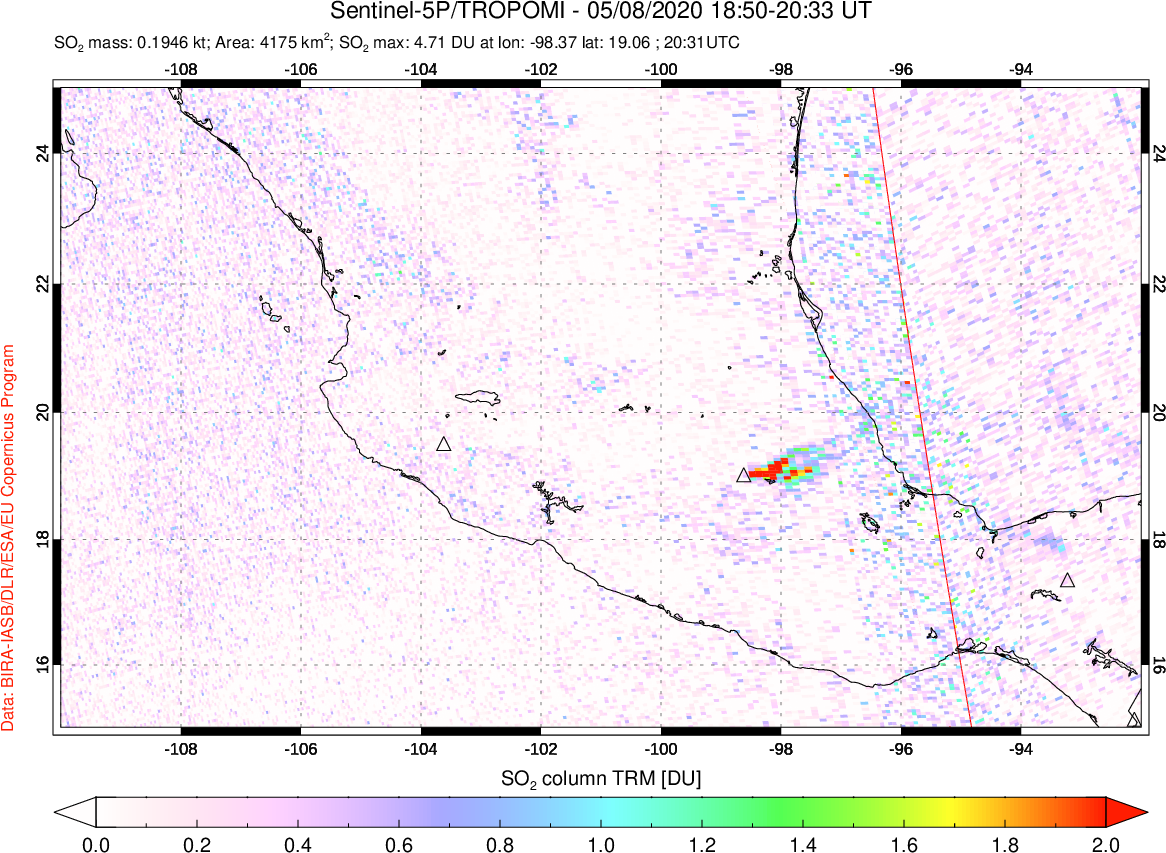 A sulfur dioxide image over Mexico on May 08, 2020.