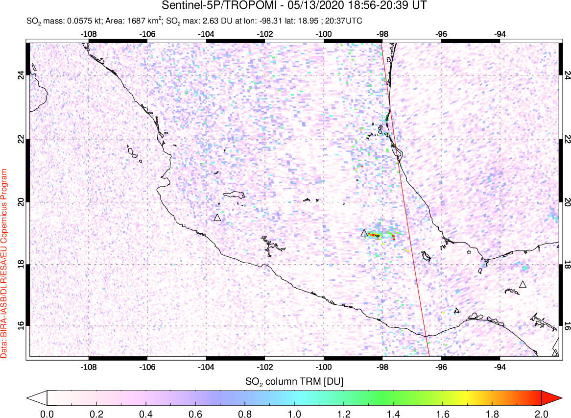 A sulfur dioxide image over Mexico on May 13, 2020.