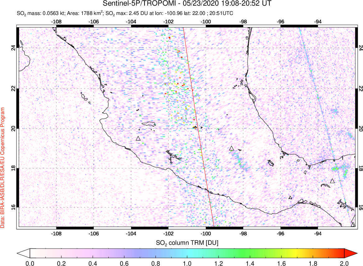 A sulfur dioxide image over Mexico on May 23, 2020.