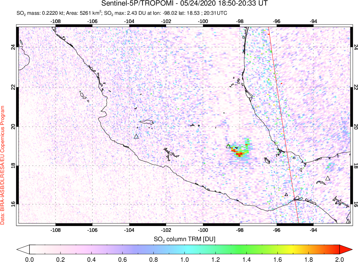 A sulfur dioxide image over Mexico on May 24, 2020.