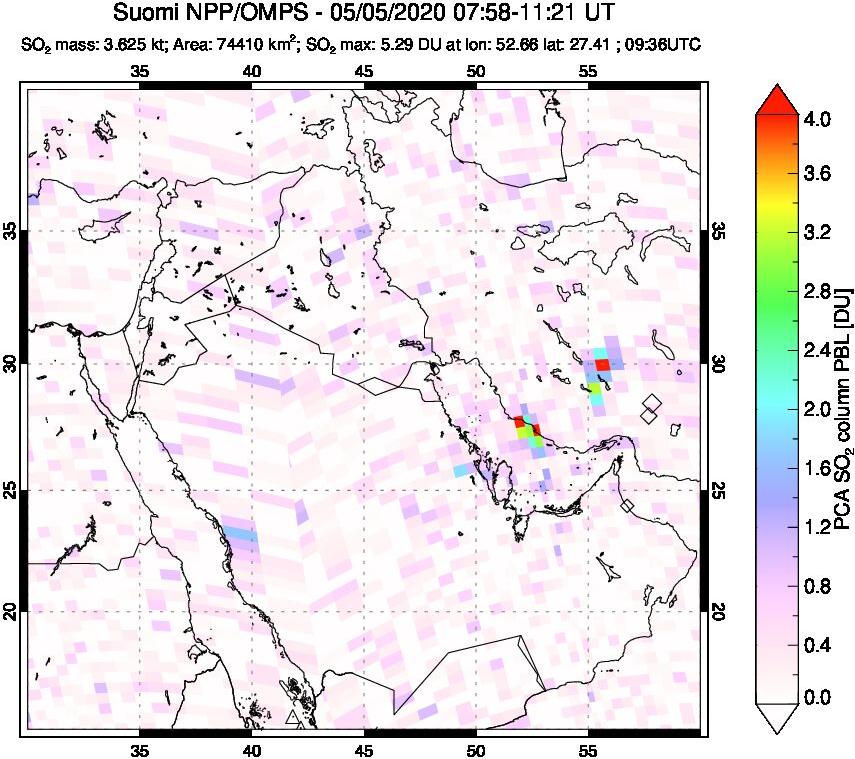 A sulfur dioxide image over Middle East on May 05, 2020.