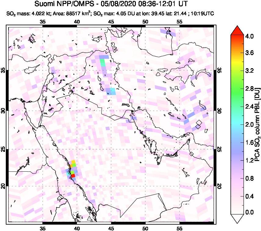 A sulfur dioxide image over Middle East on May 08, 2020.