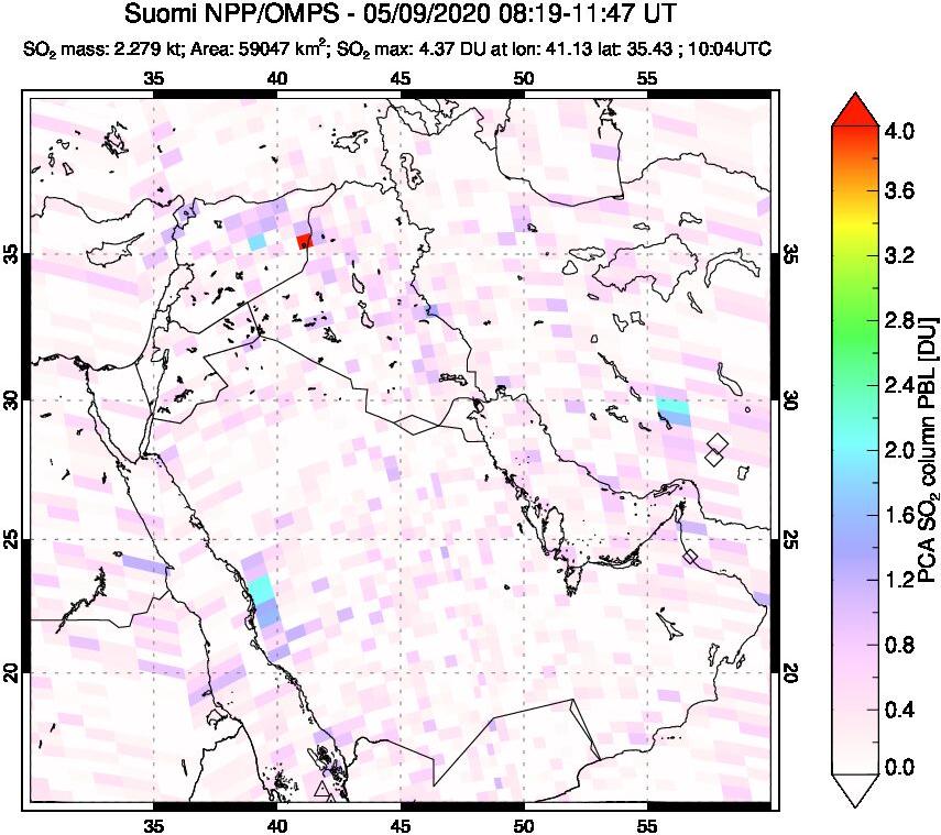 A sulfur dioxide image over Middle East on May 09, 2020.