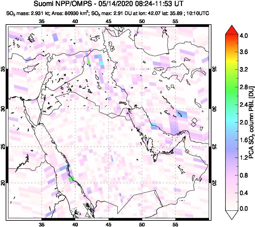 A sulfur dioxide image over Middle East on May 14, 2020.