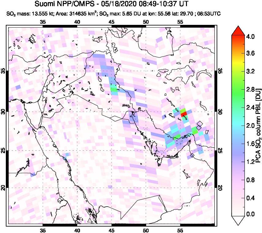 A sulfur dioxide image over Middle East on May 18, 2020.