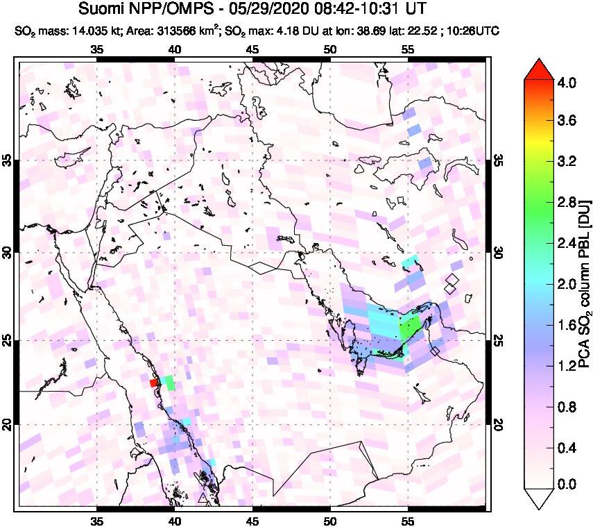 A sulfur dioxide image over Middle East on May 29, 2020.