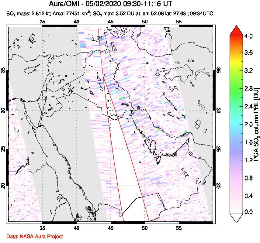 A sulfur dioxide image over Middle East on May 02, 2020.