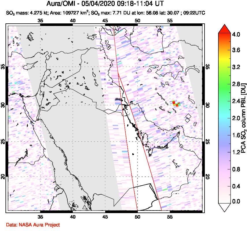 A sulfur dioxide image over Middle East on May 04, 2020.