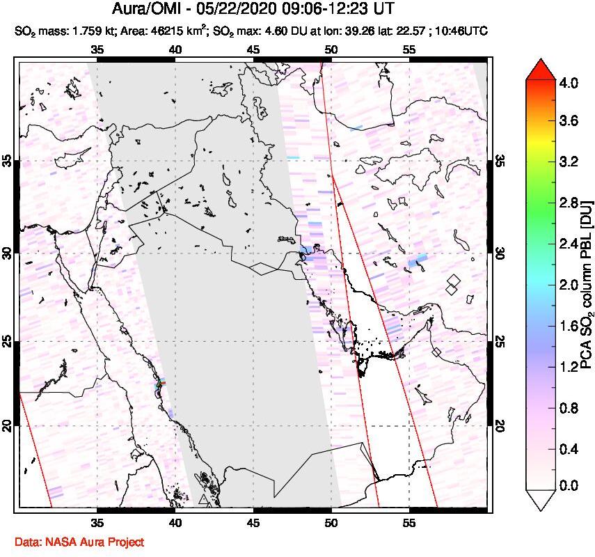 A sulfur dioxide image over Middle East on May 22, 2020.