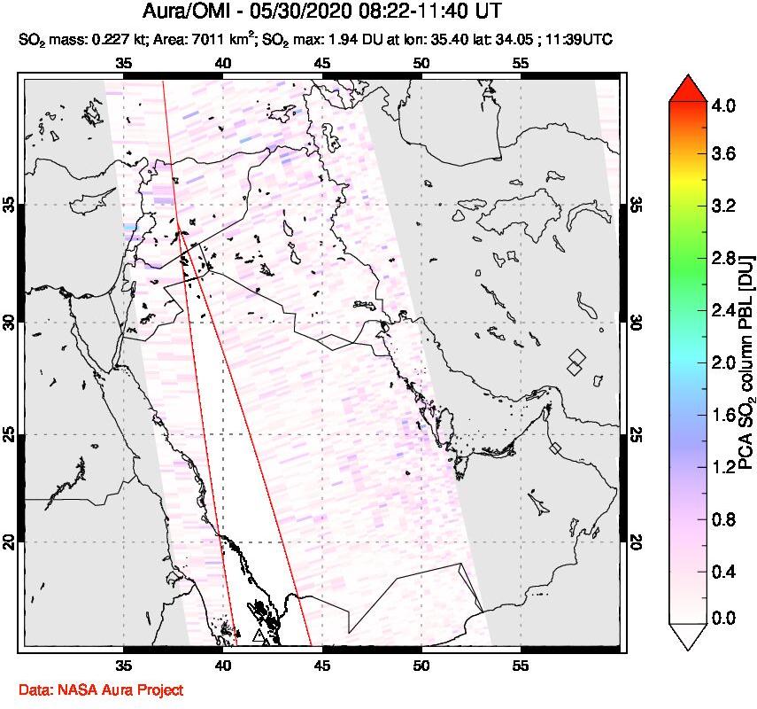 A sulfur dioxide image over Middle East on May 30, 2020.