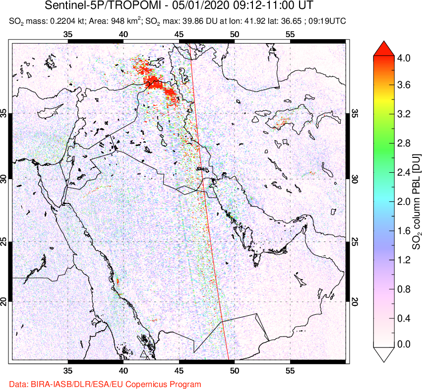 A sulfur dioxide image over Middle East on May 01, 2020.