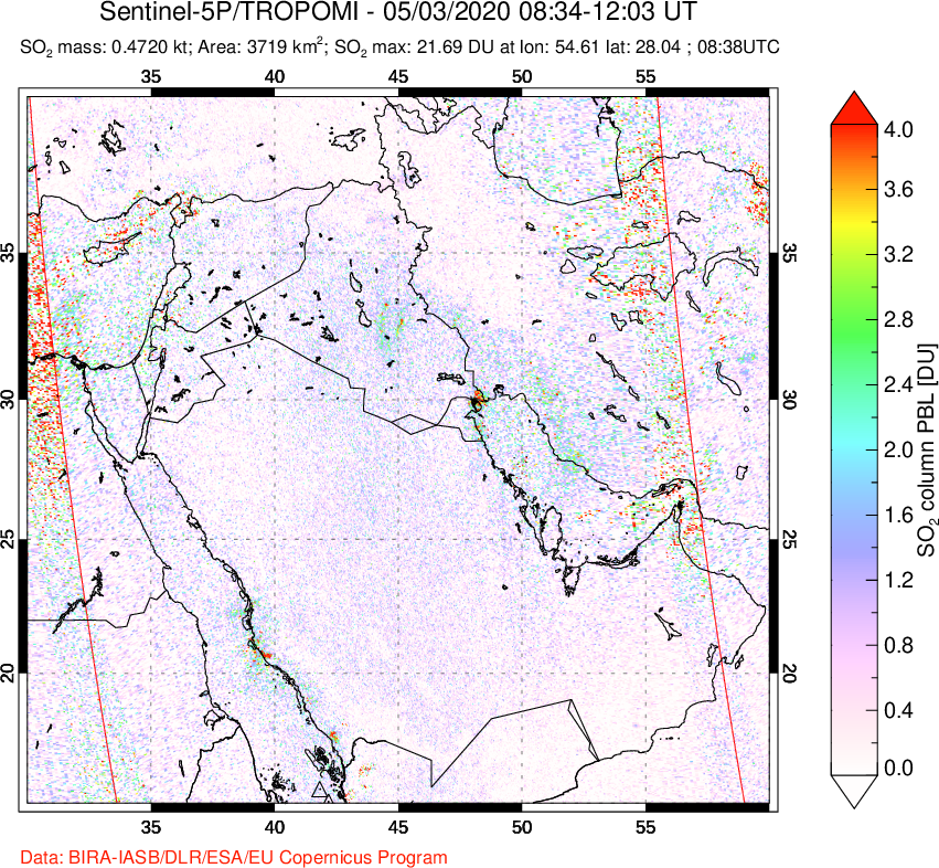 A sulfur dioxide image over Middle East on May 03, 2020.