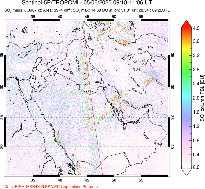 A sulfur dioxide image over Middle East on May 06, 2020.