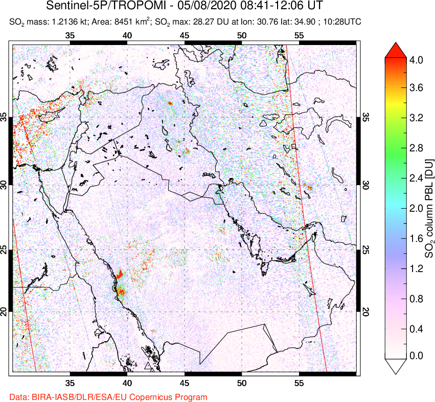 A sulfur dioxide image over Middle East on May 08, 2020.