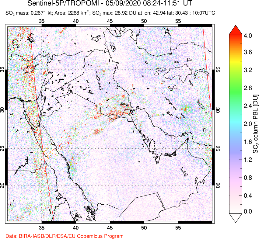 A sulfur dioxide image over Middle East on May 09, 2020.