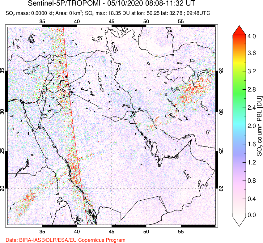 A sulfur dioxide image over Middle East on May 10, 2020.