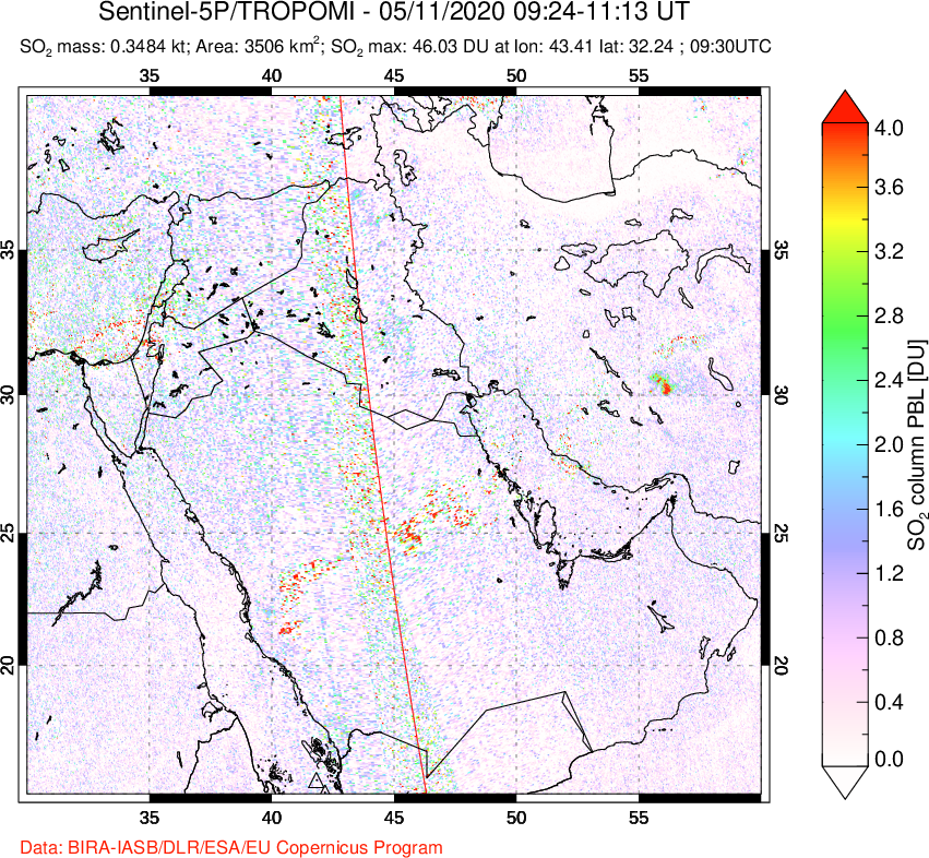 A sulfur dioxide image over Middle East on May 11, 2020.