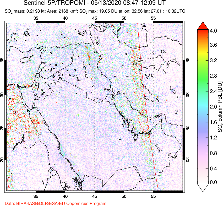 A sulfur dioxide image over Middle East on May 13, 2020.