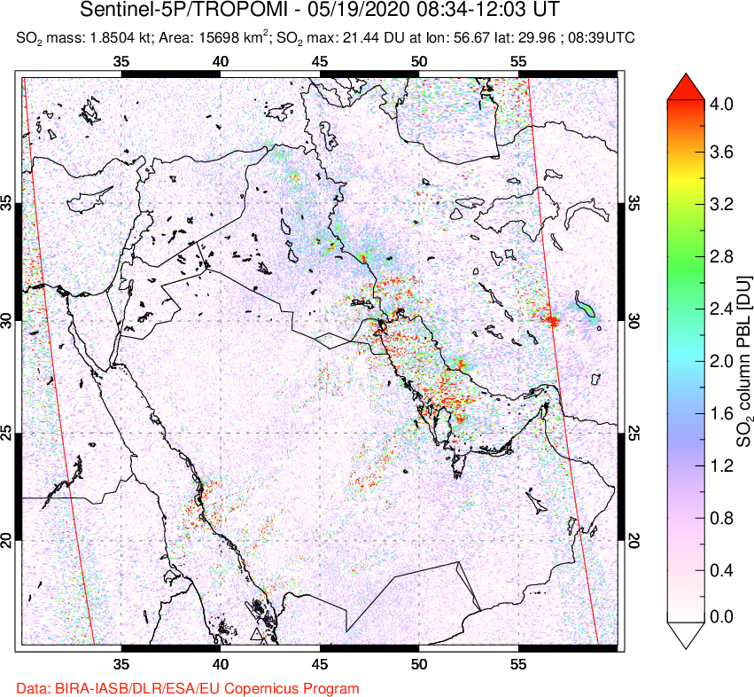 A sulfur dioxide image over Middle East on May 19, 2020.